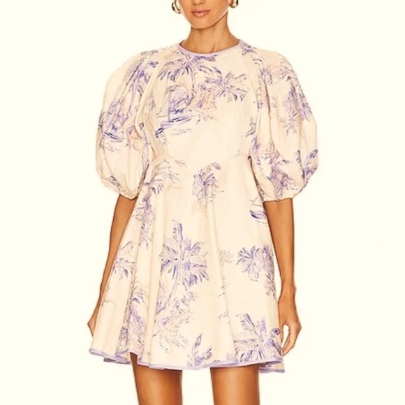 NWT Zimmermann Linen Day Mini Dress Pearl Palm Toile Puff Sleeve AU 0P (US 2) - Picture 1 of 11